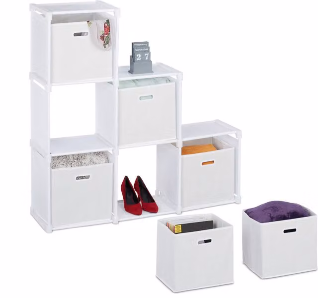 Estantería modular Relaxdays con 6 compartimentos y cajas de tela, diseño moderno en color blanco, An/P/Al: 110 x 31 x 108 cm