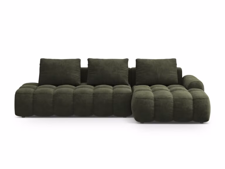 Sofá cama esquinero derecho Cosmopolitan Design de 3 plazas en terciopelo verde con baúl y otomana, An/P/Al: 140 x 225 cm