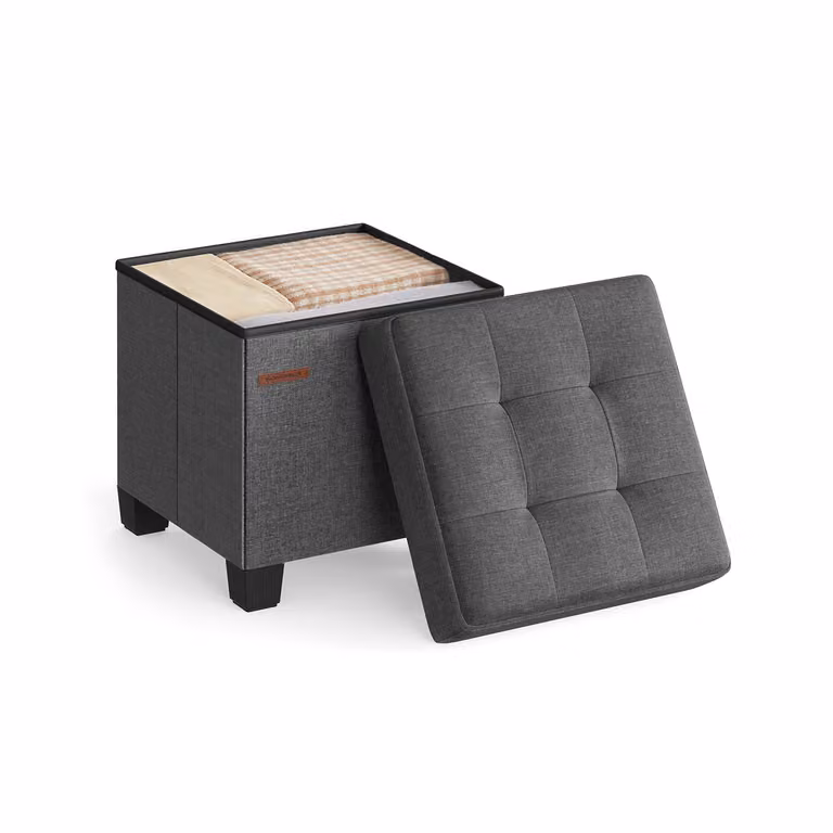 Taburete reposapiés y cubo de almacenamiento Songmics con tapizado capitoné gris y patas de madera
