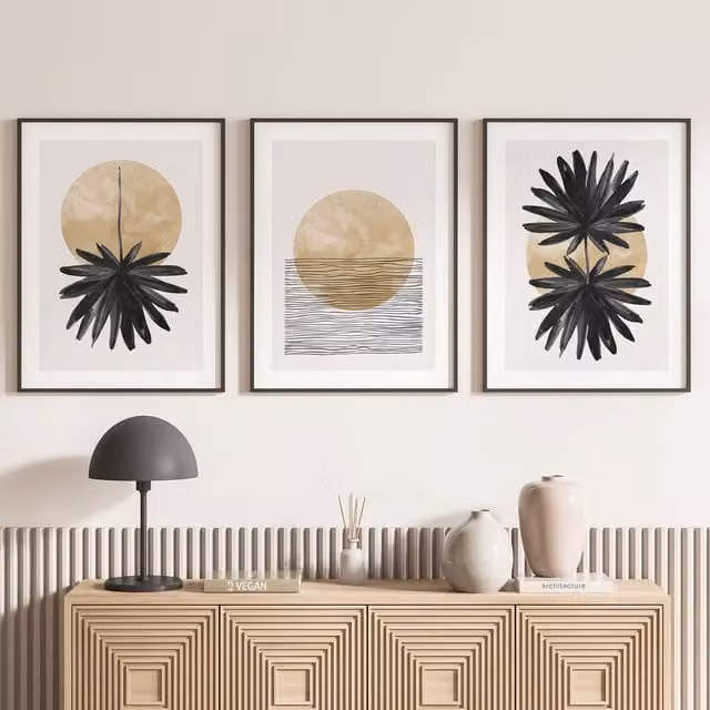 Juego de 3 pósteres decorativos trípticos Lumalea de estilo abstracto y paisaje urbano en color marrón, An/An: 40 x 50 cm