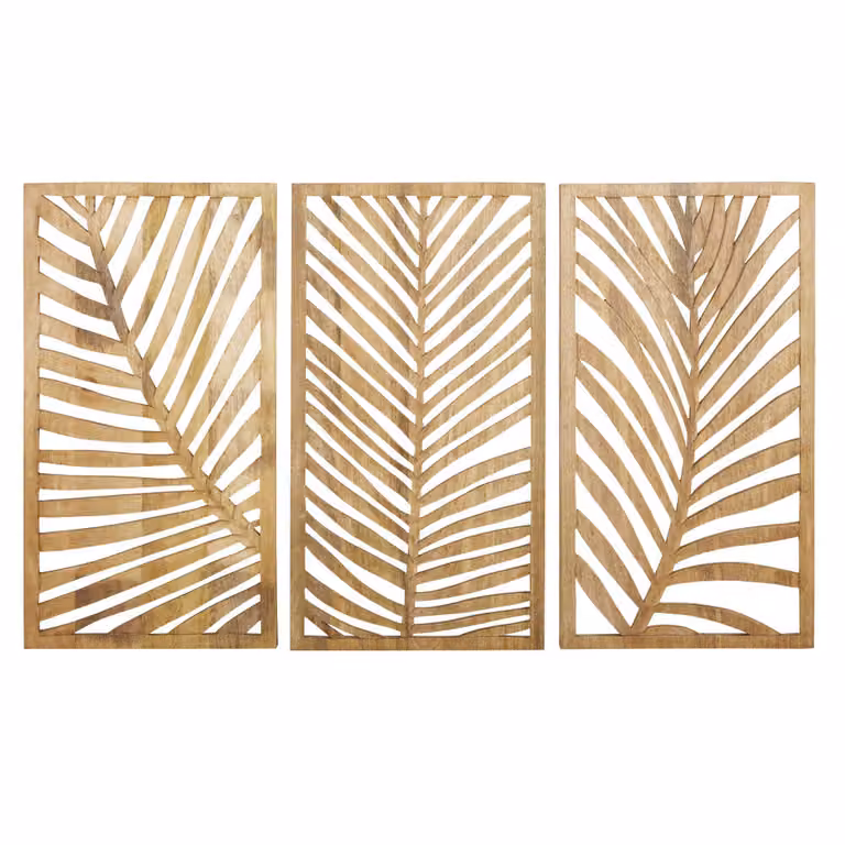 Set de 3 decoraciones de pared de madera de mango y hojas de palma de Maisons du Monde, diseño botánico boho en color marrón, An/Al: 48 x 90 cm