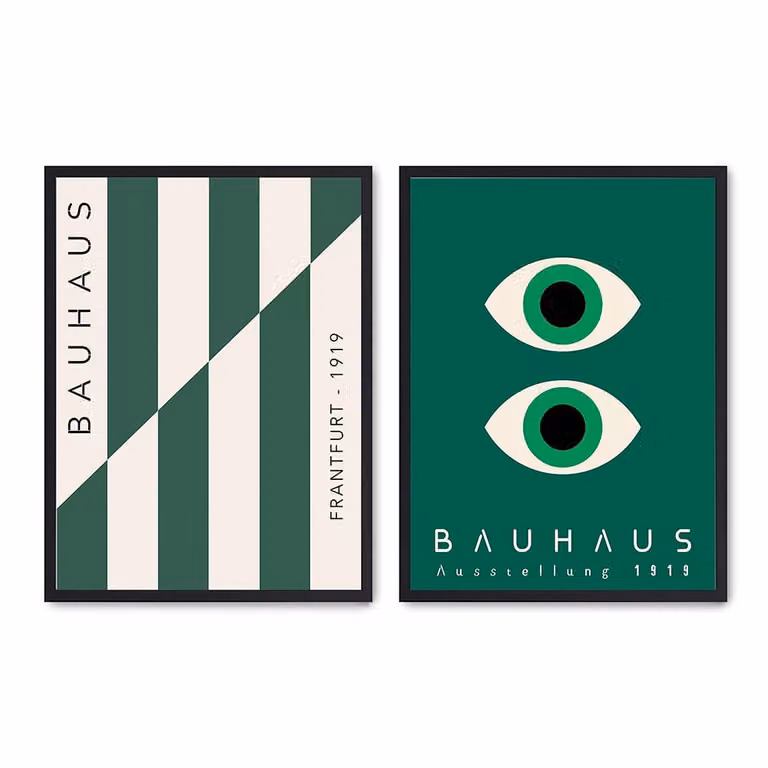 Set de 2 pósteres Bauhaus de Poster Lab con diseño geométrico multicolor y marco negro, An/P/Al: 50 x 70 cm