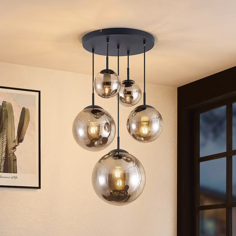 Lámpara colgante Teeja de Lindby en aluminio y cristal gris y negro para salón o comedor