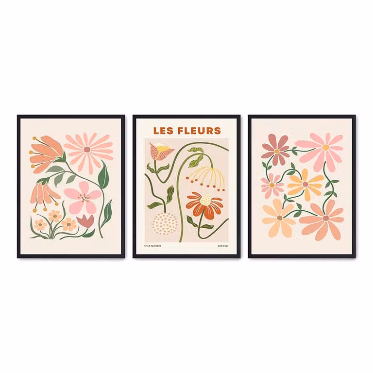 Set de 3 pósteres florales de Poster Lab con marco negro y diseño multicolor, An/P/Al: 50 x 70 cm