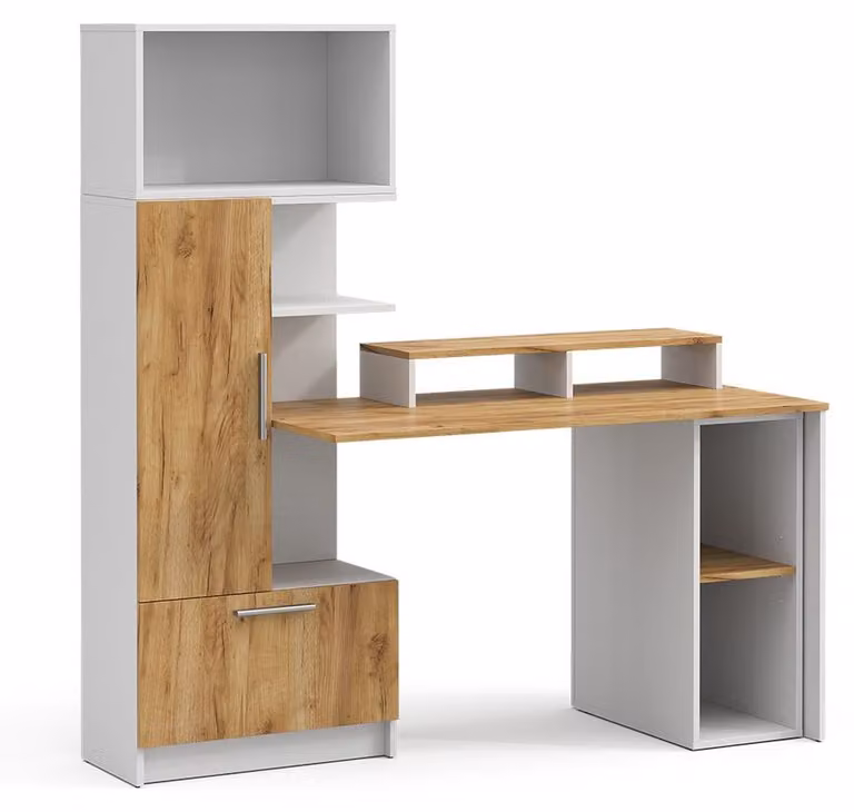 Escritorio Vicco Tomy moderno en blanco y roble dorado An: 150 cm, P: 59 cm