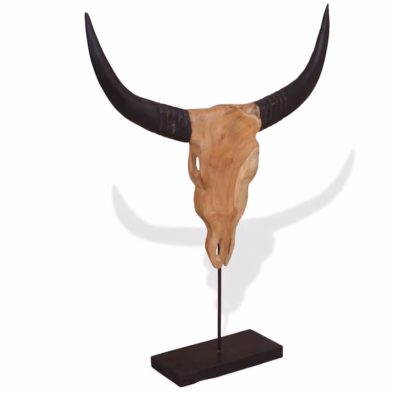 Escultura de calavera de toro de teca vidaXL color marrón An/P/Al: 66 x 15 x 88 cm