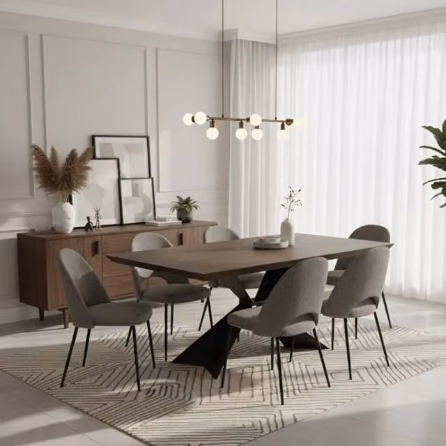Mesa de comedor extensible moderna DUZZLE de madera y metal en color marrón, rectangular con columna central, An/P/Al: 160/240 x 90 x 76 cm