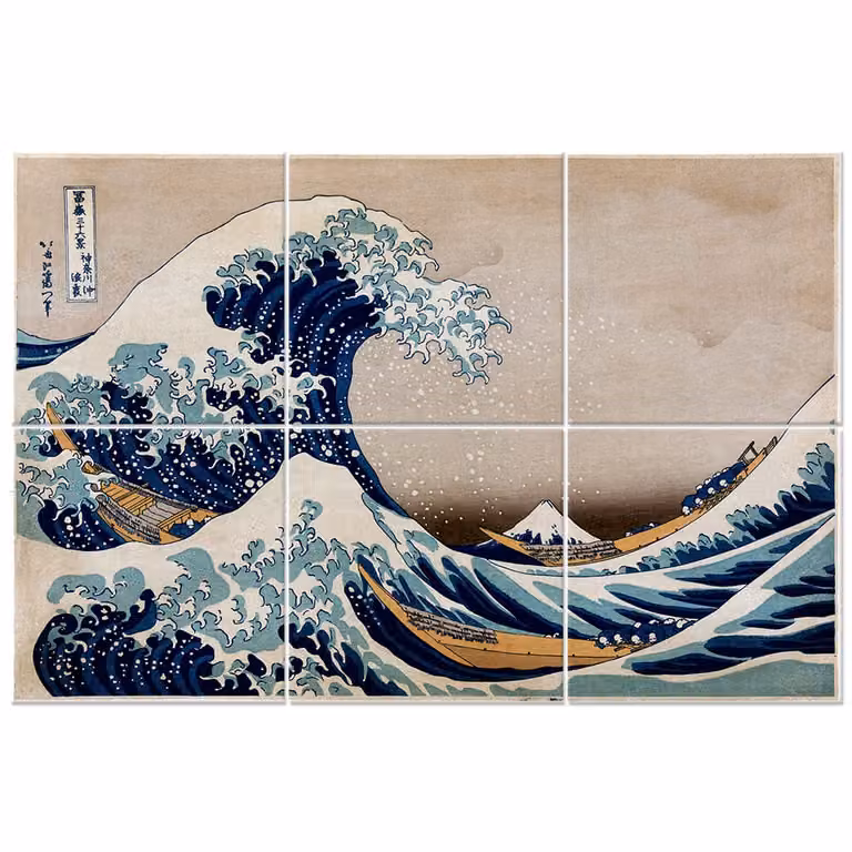 Panel Múltiple La Gran Ola de Kanagawa de K. Hokusai por Legendarte, Multicolor y Azul, An/P/Al: 150 x 100 x 5 cm