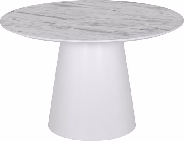 Mesa de comedor Sylvia de Mog Casa con tablero redondo de melamina efecto mármol de 25 mm y estructura de MDF blanca, Diámetro: 120 cm, Altura: 75 cm