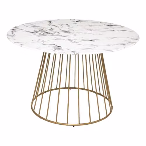 Mesa de comedor redonda Atmosphera Rayo con tapa de cristal efecto mármol en blanco y oro, Diámetro: 120 cm