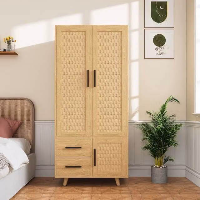 Armario de ratán NAHILIMI con 3 puertas y 2 cajones internos, diseño vintage en color madera natural, An/P/Al: 80 x 52 x 176 cm