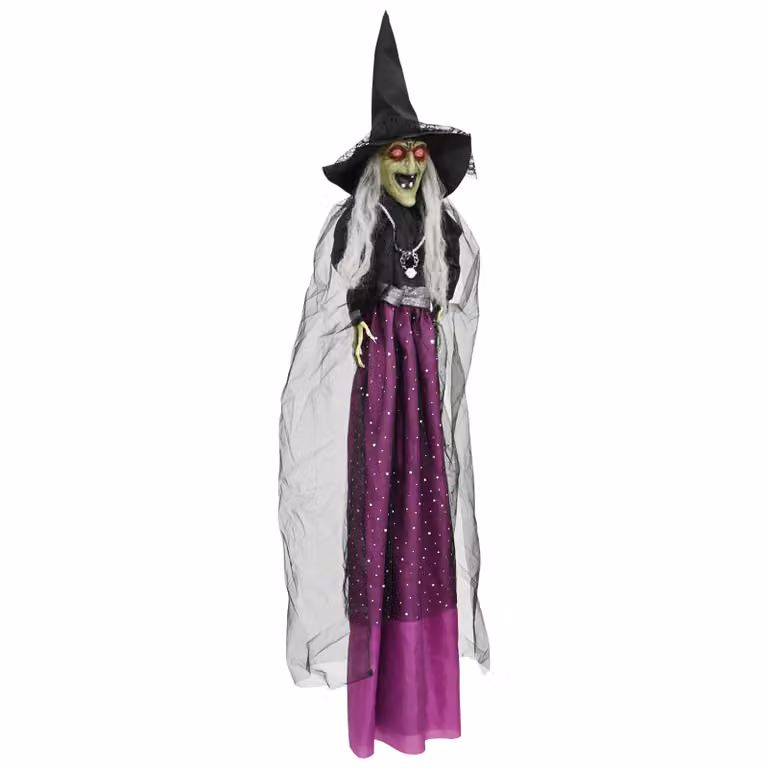 Figura colgante de bruja para Halloween vidaXL SPOOKA en color morado y rojo, An/P/Al: 30 x 30 x 133 cm