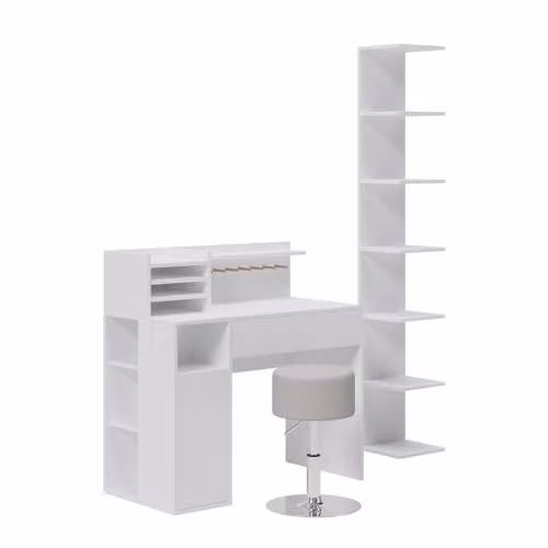 Escritorio Vicco Blanco con Estantería y Taburete, Diseño Moderno y Altura Ajustable para Home Office