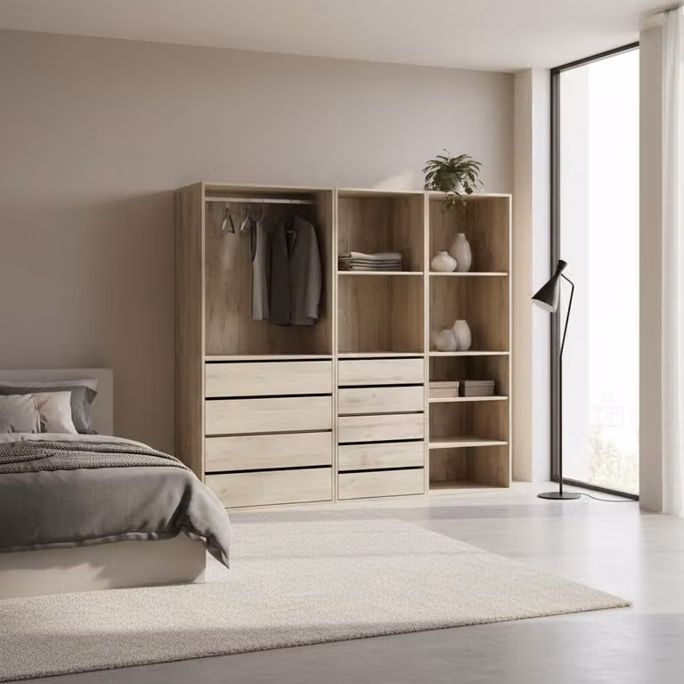 Vestidor modular Sweeek de 3 elementos con cajones y estantes, marrón y beige, An/P/Al: 200 x 45 x 180 cm