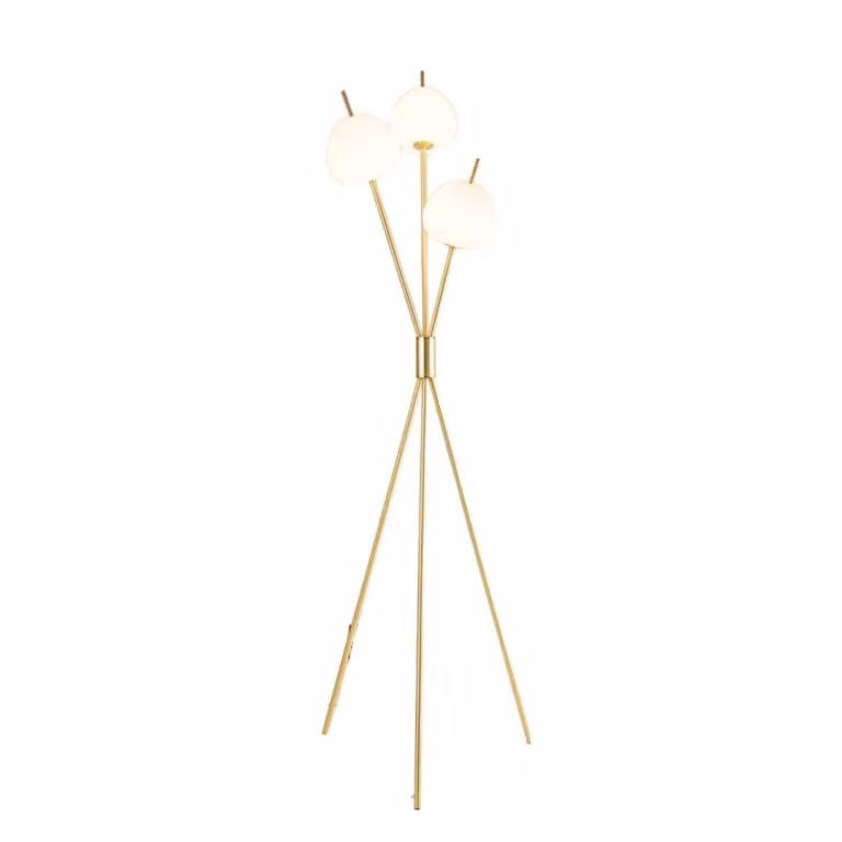 Lámpara de pie moderna Olanta de KOSILUM con trípode dorado y cristal blanco, LED integrada de luz blanca cálida, Altura: 157 cm