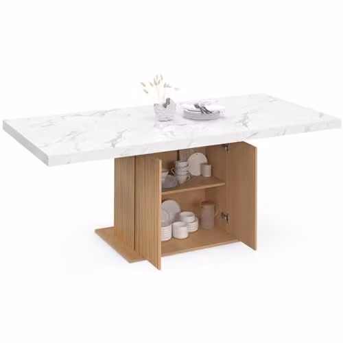 Mesa de comedor extensible IDMarket Julieta rectangular con efecto mármol y listones de madera con almacenamiento para 6-10 personas