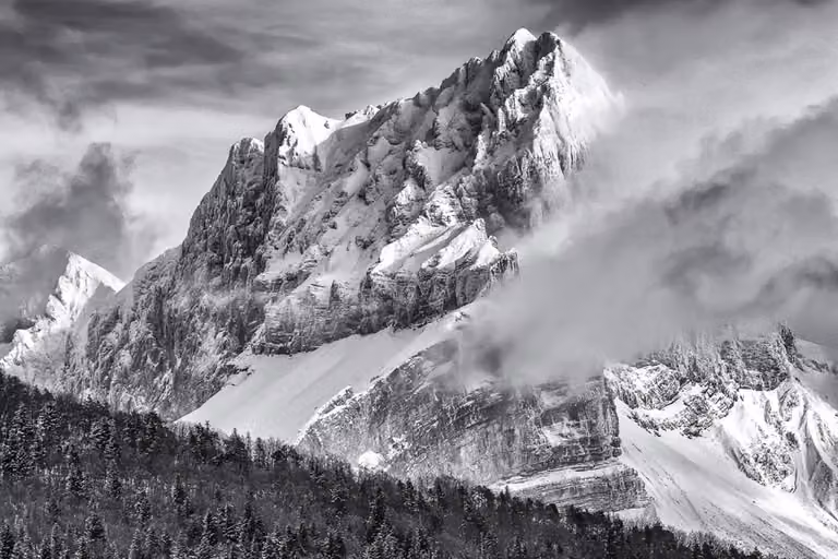 Cuadro decorativo de montaña Summit de Hexoa, impresión fotográfica abstracta sobre lienzo en colores negro y gris, An x Al: 90 x 60 cm