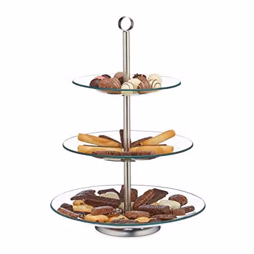 Soporte para tartas, cupcakes y fruta de 3 pisos Relaxdays, redondo, de cristal y acero inoxidable, plateado y transparente, An/P/Al: 40 x 29,5 cm