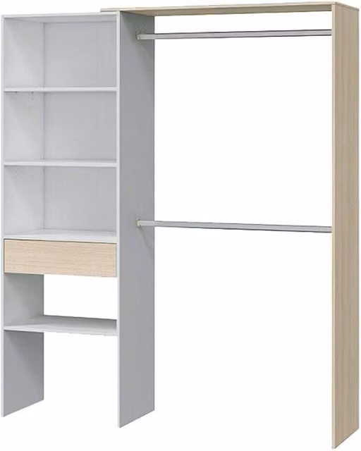 Armario vestidor Korex de diseño moderno en blanco y roble con estantes y cajones An/P/Al: 158 x 40 x 187 cm