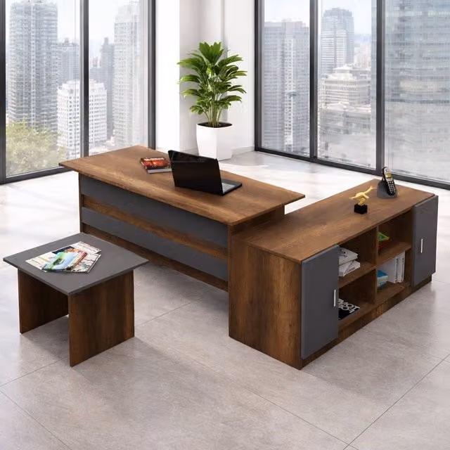 Set de oficina modular DMORA con escritorio y estantería en color marrón nogal y antracita