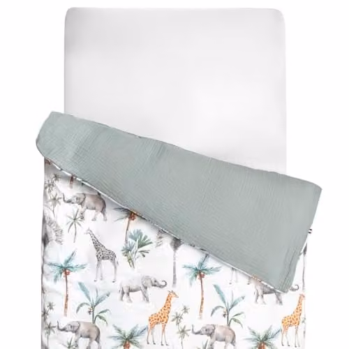 Funda nórdica reversible Sevira Kids para bebé con diseño de animales en algodón mako satinado, multicolor, verde y gris, An/P/Al: 120 x 80 cm