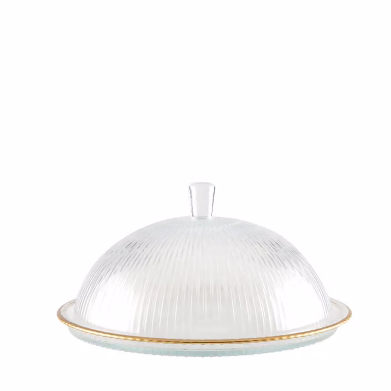 Campana de vidrio transparente con bordes dorados y plato redondo Aulica An/P/Al: 32 x 32 x 17 cm