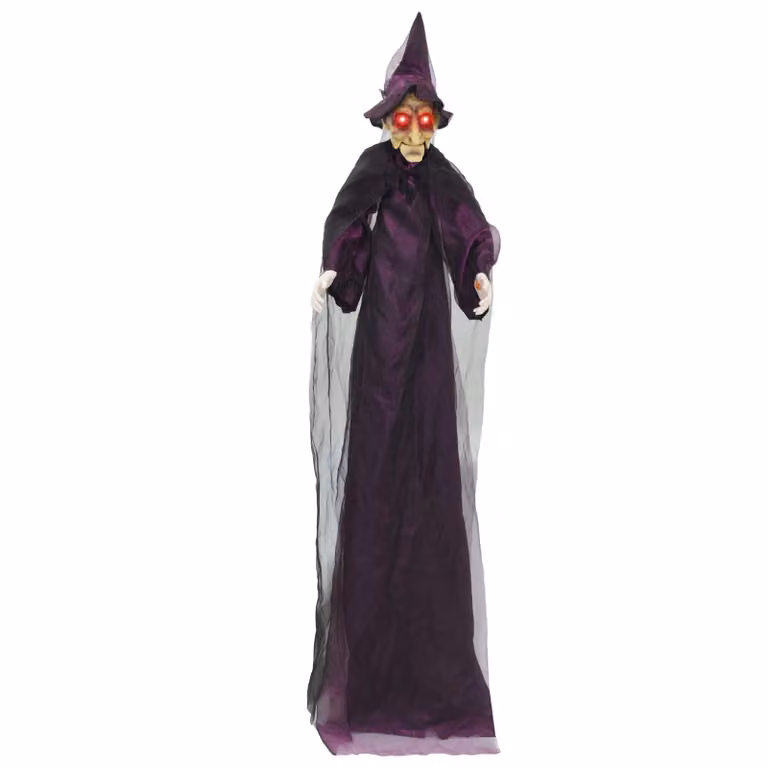 Bruja colgante parlante de Halloween vidaXL, color morado, 216 x 125 cm