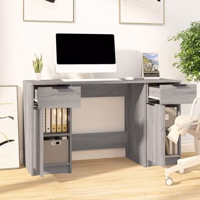 Escritorio moderno con armario lateral SYFAX en madera de color gris, An/P/Al: 100 x 50 x 75 cm