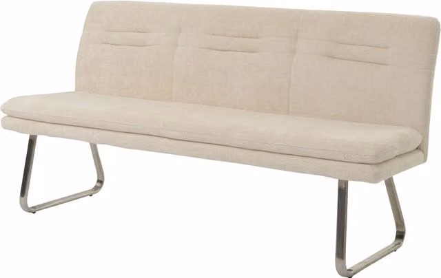 Banco de comedor tapizado Mendler HWC-H70 con respaldo de tela y estructura de metal, color beige y plata, An: 180 cm, Al: 120 cm, An/P/Al: 180 x 58 x 43 cm