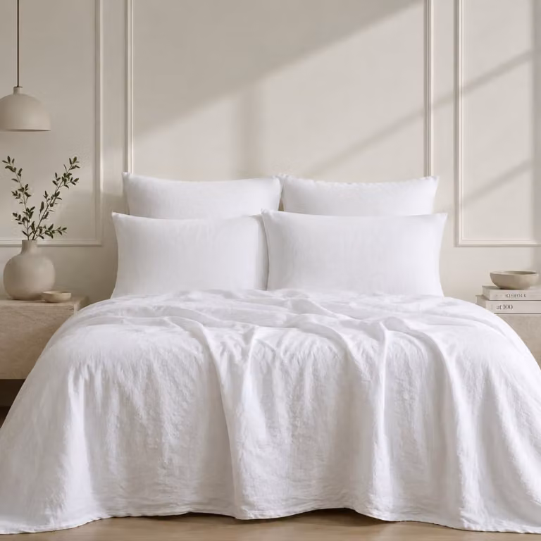 Juego de cama de lino Febronie color blanco con funda nórdica de 240 x 220 cm y fundas de almohada de 65 x 65 cm