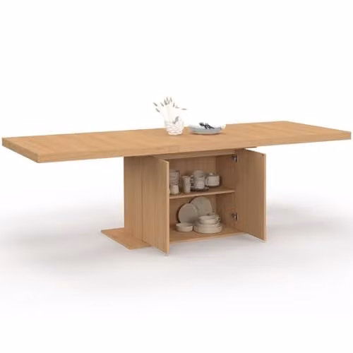 Mesa de comedor extensible IDMarket Julieta rectangular con pata central y efecto listones en marrón y beige