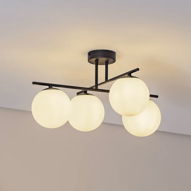 Lámpara de techo Aurora de Domiluce, diseño moderno de esfera en vidrio y metal, atenuable, disponible en negro o blanco, ideal para tu salón o comedor