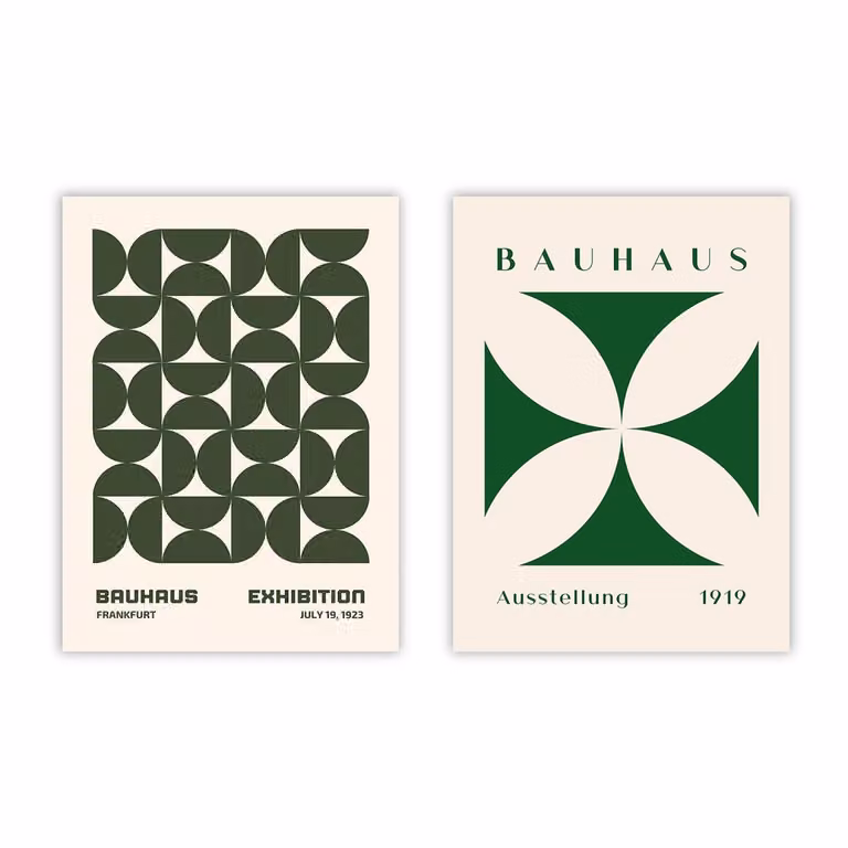 Set de 2 posters Bauhaus de Poster Lab, diseño geométrico multicolor y verde, An/P: 50 x 70 cm