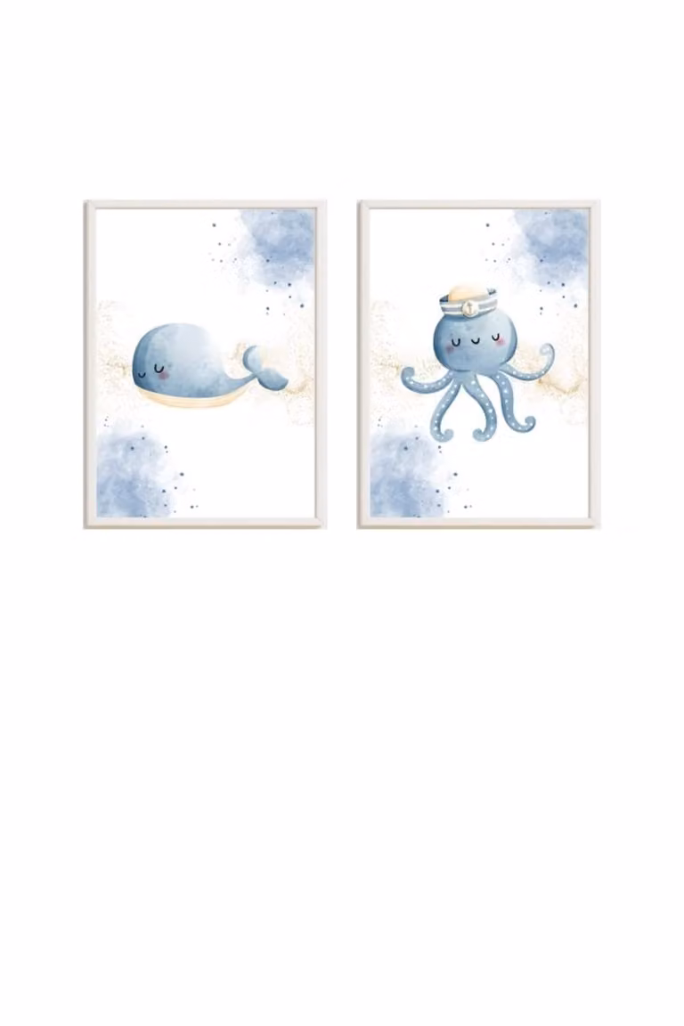 Pack de 2 cuadros infantiles de animales con ilustraciones de ballena y pulpo multicolor de Crochetts, An/Al: 43 x 33 cm