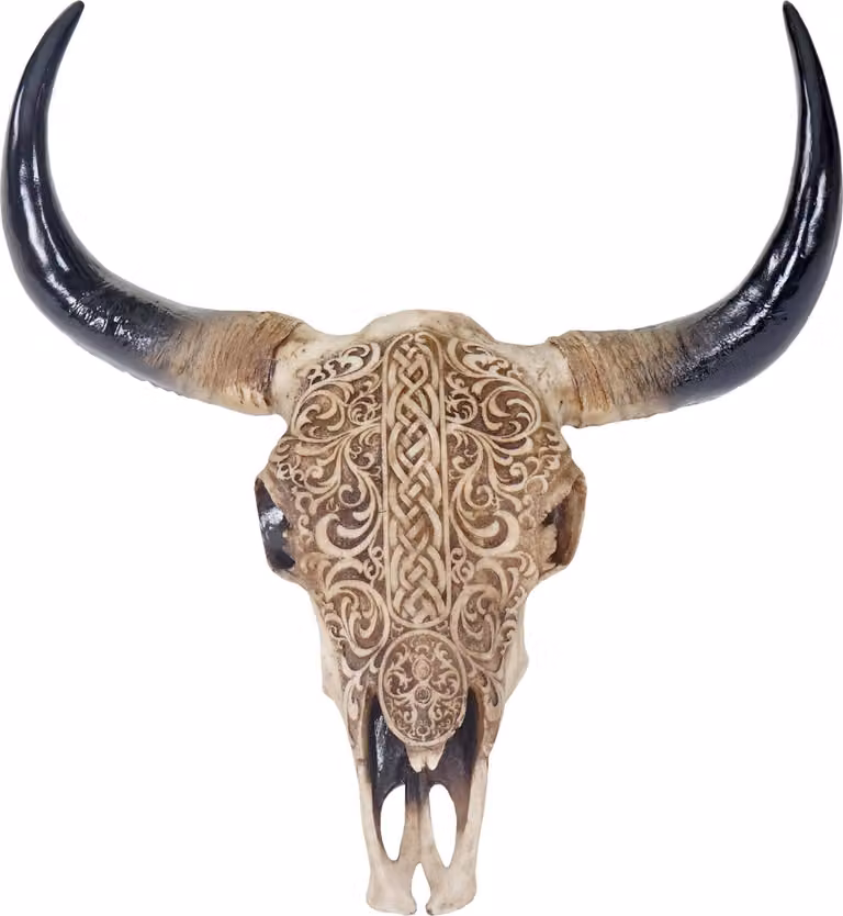 Cráneo decorativo de animal estilo étnico Mendler en colores beige, marrón y negro para montaje en pared