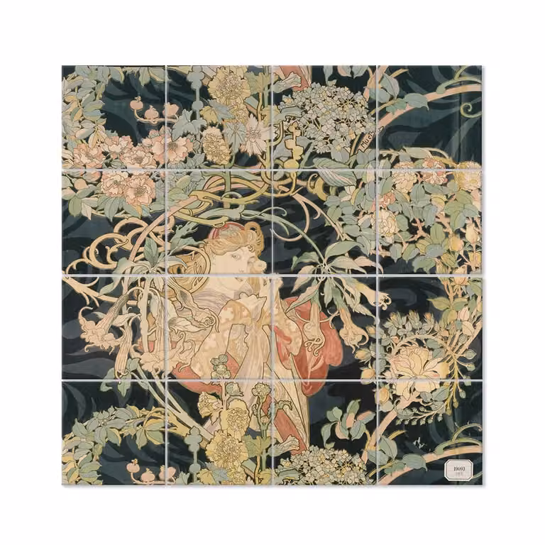 Panel decorativo Femme À La Marguerite de Alphonse Mucha por Legendarte, diseño Art Nouveau multicolor, An/An: 200 x 200 cm