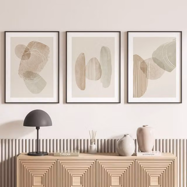 Juego de 3 pósteres trípticos Lumalea con diseño abstracto y paisaje en color beige, An/Al: 50 x 70 cm