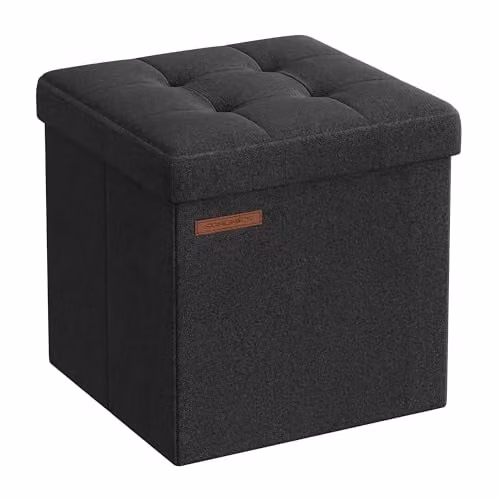 Puff de almacenaje plegable SONGMICS con tapa acolchada en color negro, An/P/Al: 30 x 30 x 30 cm