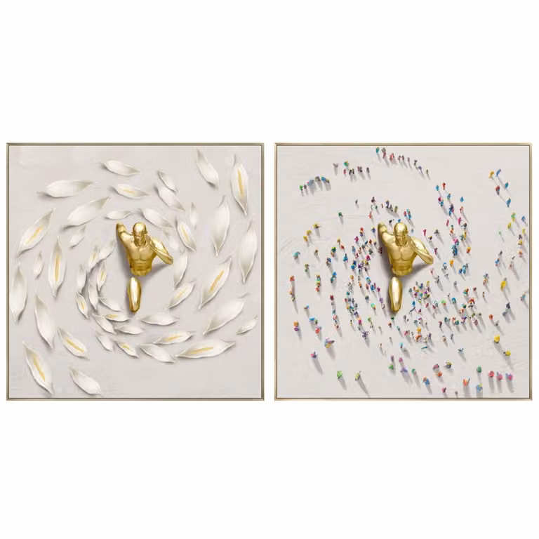 Conjunto de 2 cuadros abstractos de lienzo NIYLO para adultos en color dorado, An: 80 cm, P: 17 cm, Al: 80 cm