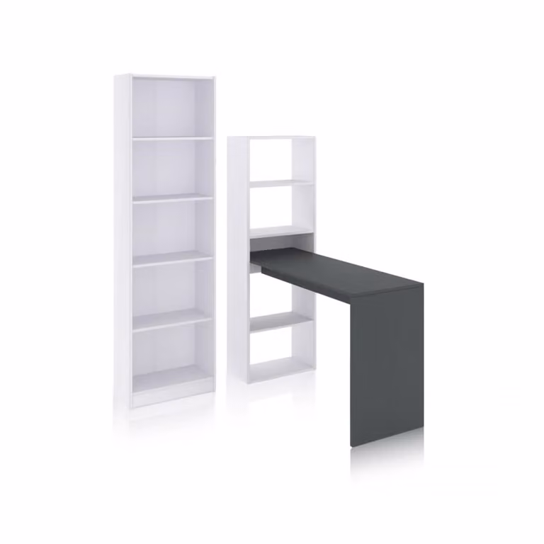 Pack de escritorio y estantería de 5 baldas Cosmic Plus de Duehome en blanco mate y gris grafito, An/P/Al: 120 x 71 x 53 cm