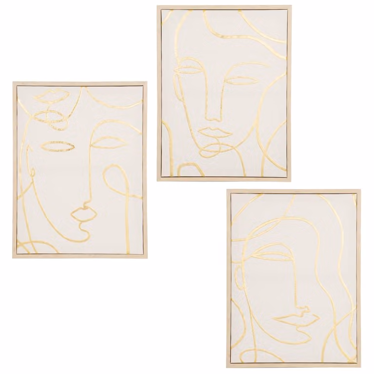 Set de 3 decoraciones de pared abstractas con rostros de Maisons du Monde en color beige y dorado, diseño minimalista, 32 x 42 cm