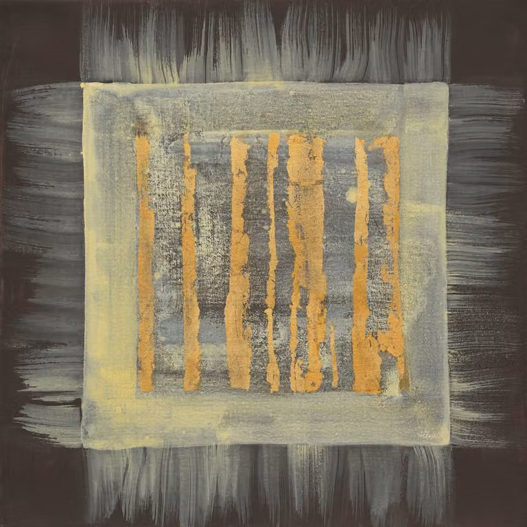 Cuadro cuadrado abstracto Hexoa de diseño moderno en dorado y amarillo sobre lienzo An/An: 80 x 80 cm