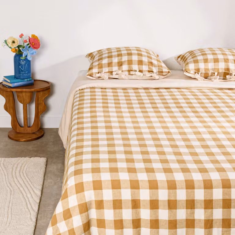 Juego de cama Aprila de algodón y lino con estampado vichy en color beige, incluye funda nórdica y fundas de almohada, 240 x 220 cm