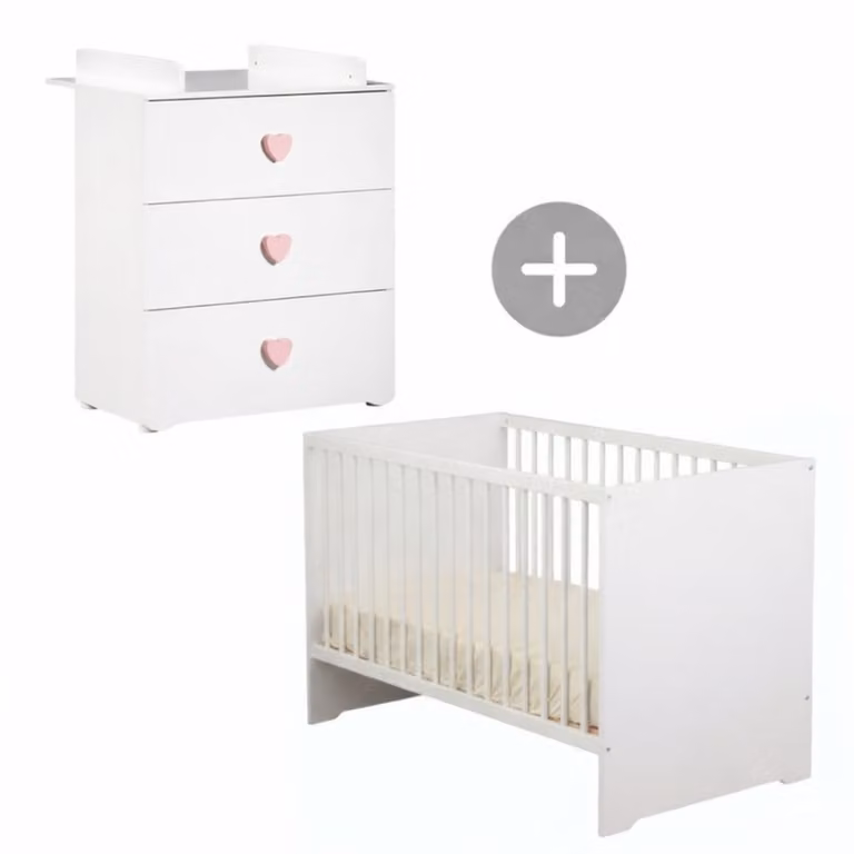 Conjunto de muebles para bebé Baby Price con cuna y cómoda en madera lacada, disponible en blanco o rosa, An/P/Al: 120 x 60 cm