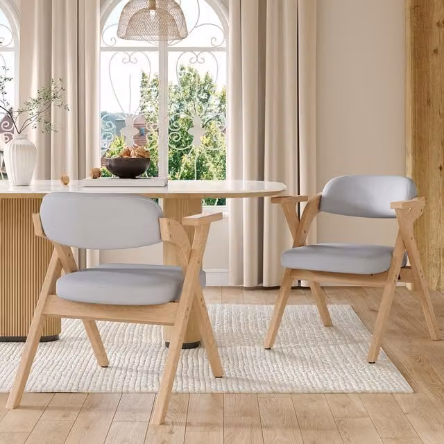 Juego de 2 sillas plegables MODFU con reposabrazos, estructura de madera maciza y asiento de lino en color gris