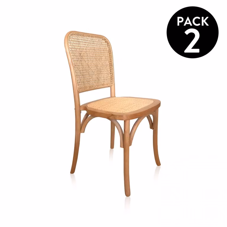 Pack de 2 sillas de comedor Toscana de Duehome en madera y ratán apilables An/P/Al: 44,5 x 40,5 x 87,5 cm