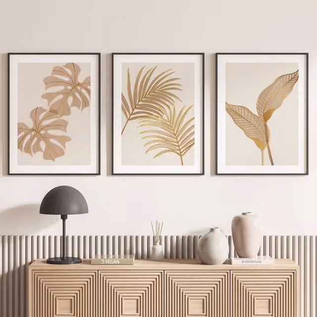 Lote de 3 pósteres decorativos de papel LUMALÉA con diseño floral botánico y abstracto en colores negro, blanco y beige, An/Al: 21 x 29,7 cm