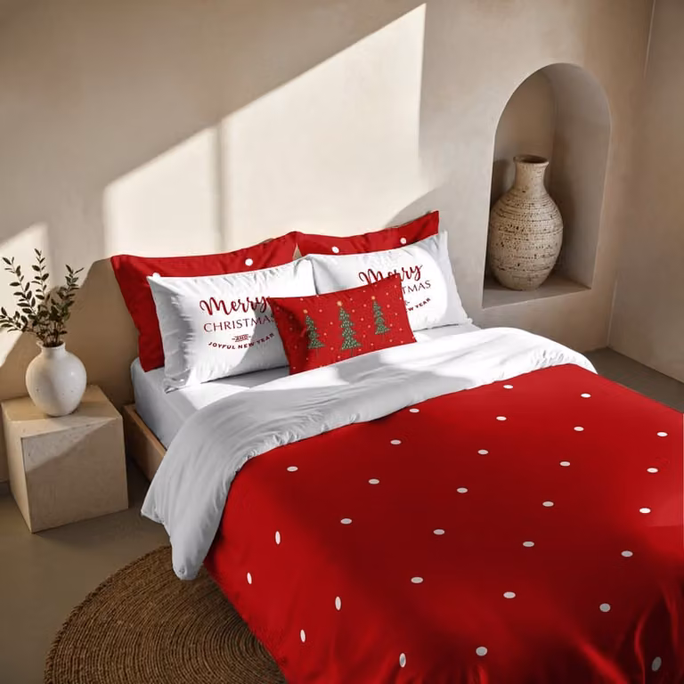 Funda nórdica de algodón orgánico Laponia con diseño de Navidad MUARÉ en color rojo, An/P: 240 x 220 cm