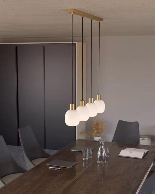 Lámpara de techo colgante Eglo Manzanares de cristal y metal con 4 luces E27 en color dorado, Ancho: 14.5 cm, Altura máxima: 110 cm
