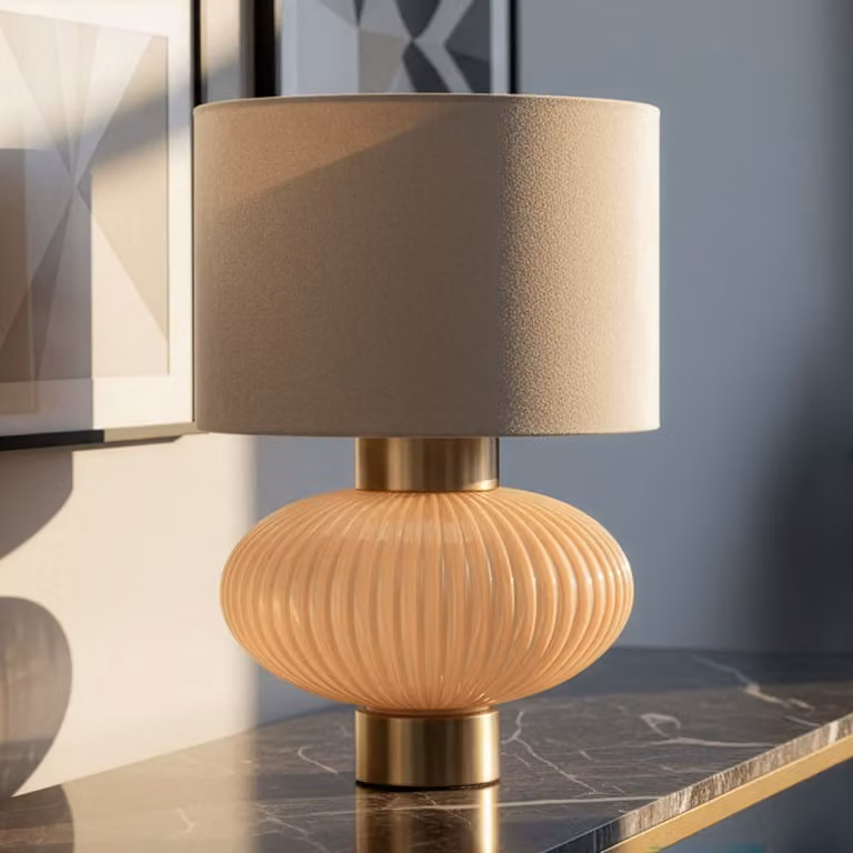 Lámpara de mesa Mauro Ferretti de cristal y tela en color beige y dorado, Diámetro: 33 cm, Altura: 49 cm